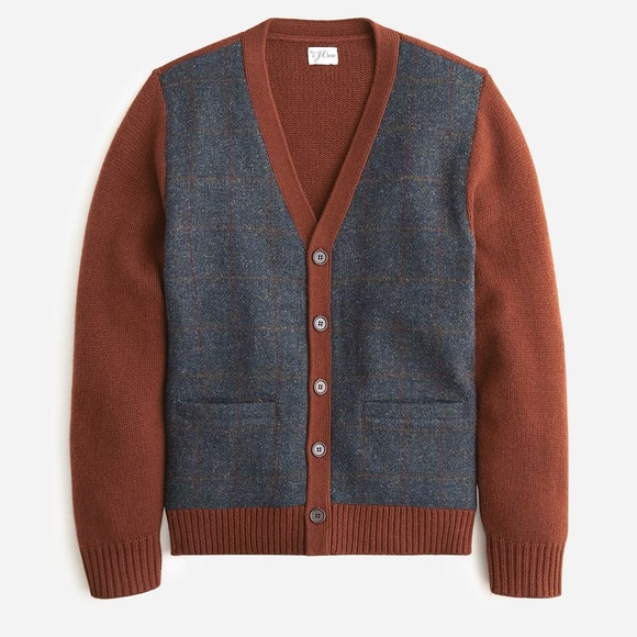 NWT J.Crew Wool V Neck Cardigan Sweater With Harris Tweed Deep Redwood M - Picture 1 of 11